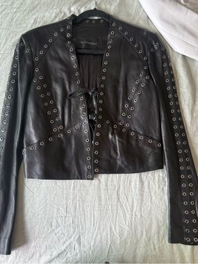 Plein Sud Black Leather Eyelet Tie-Front Jacket